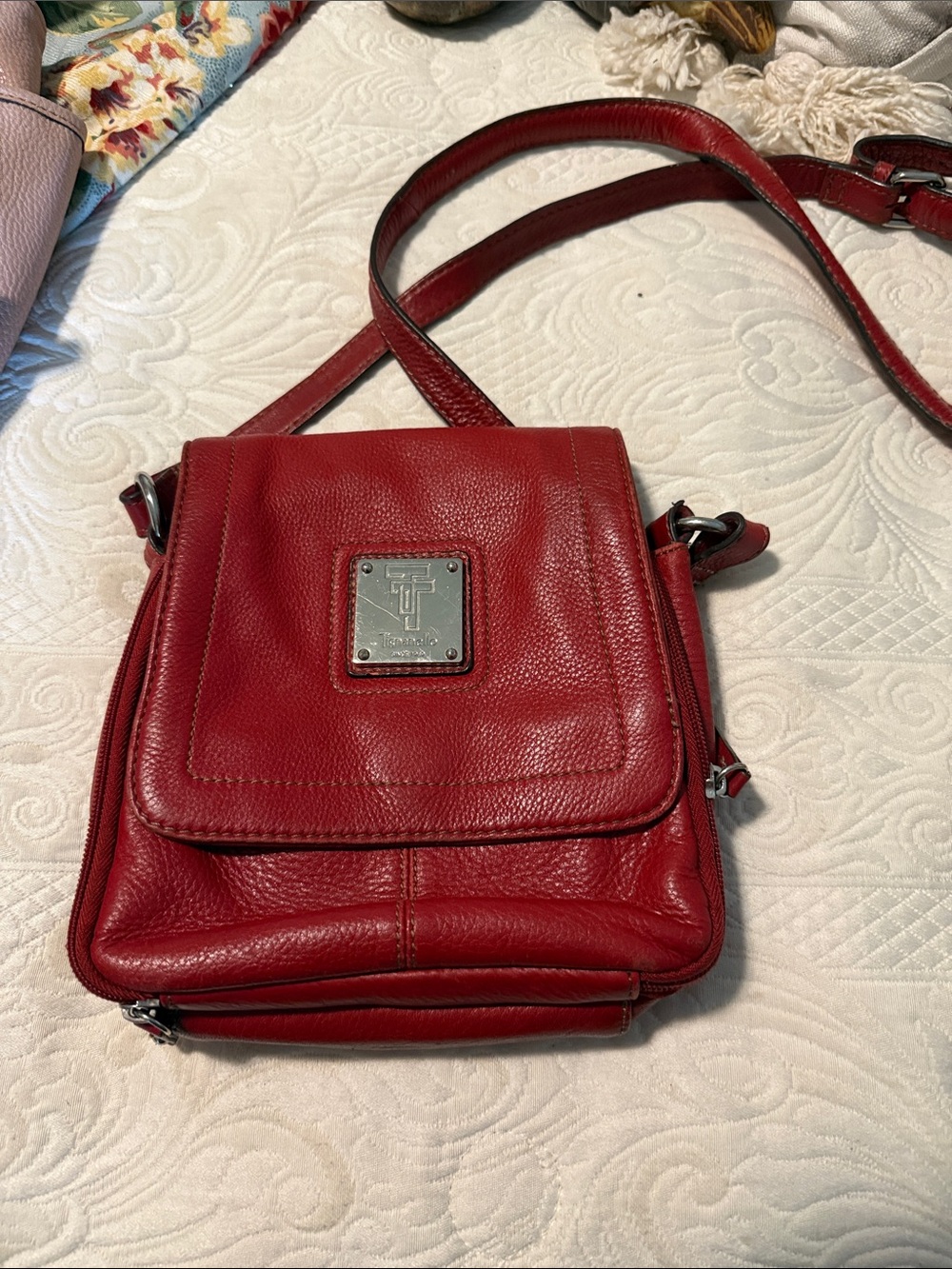 Tignanello Red Leather Small Crossbody Bag with Metal Logo Plate